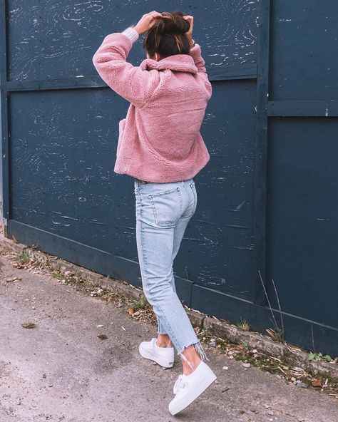 The perfect pair - worn in jeans and a pair of crisp white Supergas. 📸 @supergausa ​ ​​*Free next business day delivery available for Saint John, Quispamsis and Rothesay. ​ ​**10$ flat rate shipping to anywhere in Atlantic Canada. ​ ​**Shipping worldwide! Superga Outfit Platform, Superga Outfit, Pink Teddy Coat, Superga Platform, Urban Shoes, Keds Style, Pink Teddy, Teddy Coat, Simple Tees