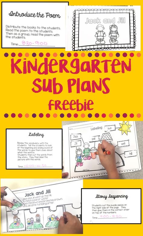 Free half day Jack and Jill themed sub plans. Includes an emergent reader, labeling activity and sequencing events. Kindergarten Sub Plans, Kindergarten Lesson Plans Template, Supply Teacher, Labeling Activities, Summer Prep, Writing Lesson Plans, Classroom Idea, Kindergarten Rocks, Substitute Teaching