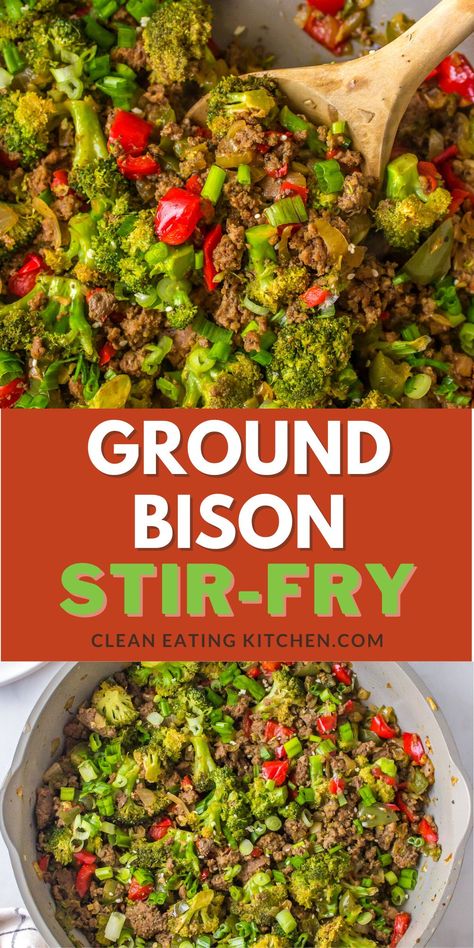 This Ground Bison Stir-Fry recipe combines the heartiness of bison with the fresh crunch of bell peppers, onions, and broccoli. Enhanced with a simple savory ginger sauce, it's a 30-minute nutritious meal that's both savory and satisfying. Ground Bison Recipes, Gluten Free Dairy Free Dinner, Bison Recipes, Ground Bison, Clean Eating Lunch And Dinner Recipes, Dairy Free Dinner, Clean Eating For Beginners, Ginger Sauce, Lunch Meal Prep