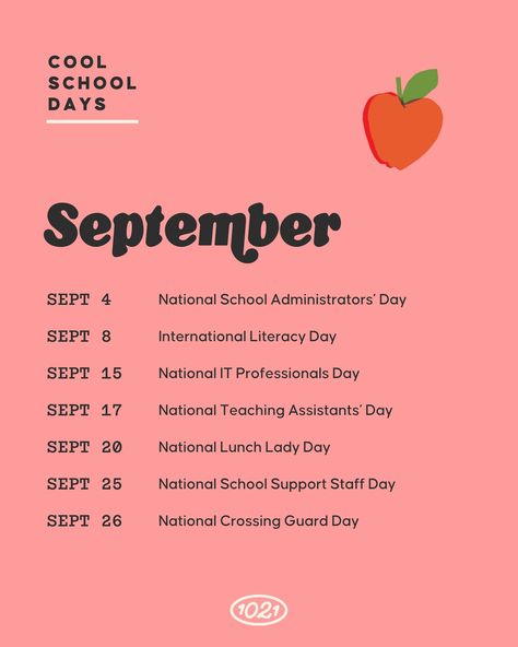 Introducing our new series: Cool School Days! ✌🏼 Up first, September! 🍎 Each month, we’ll be highlighting the amazing professionals who ensure every school day runs smoothly. From lunch ladies to bus drivers, we’re making sure everyone gets their moment in the spotlight. We’ll also share these graphics in our stories on each special day, so you can easily send a quick thanks or share the graphic. We hope this is a simple yet meaningful way to show your appreciation! 🤍 First September, International Literacy Day, Crossing Guard, Cool School, Literacy Day, Teaching Assistant, School Administration, In The Spotlight, Bus Driver