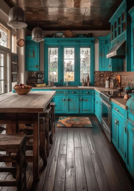 Turquoise Western Kitchen, Painting A Countertop, Turquoise Cabinets Kitchen, Southwestern Kitchen Cabinets, Kitchen Cabinets Turquoise, Turquoise Kitchen Ideas, Western Boho Kitchen, Turquoise Kitchen Cabinets, Siren Tattoos