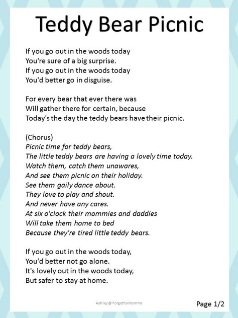 Kids in my Kitchen: teddy bear picnic Song Picnic Songs, Picnic Songs For Preschoolers, Teddy Bear Picnic Ideas, Picnic Songs For Toddlers, Teddy Bear Picnic Ideas Preschool, Teddy Bear Picnic Preschool Activities, Teddy Bear Picnic Art Preschool, Teddy Bear Teddy Bear Turn Around Poem, Teddy Bear Picnic Activities