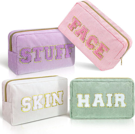 4 Pcs Makeup Bags Chenille Letter Patch Cosmetic Bag Portable Travel Zipper Pouch Small Organizer Makeup Bag Set for Women (Purple, Pink, White, Green, Fresh) Preppy Makeup Bag, Small Organizer, Patch Bag, Preppy Makeup, Organizer Makeup, Letter Bag, Pouch Makeup, Fresh Beauty, Birthday Gifts For Teens