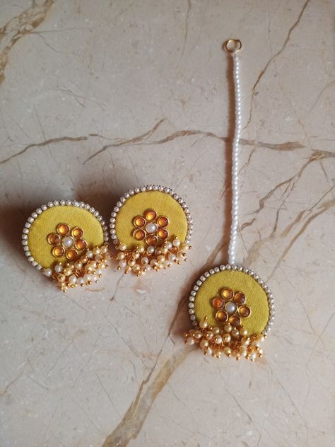 Handmade haldi jewelry DM for more inquire.. Fabric Jewelry Handmade, Navratri Earrings, Diy Earrings Materials, Haldi Function, Handmade Stuff, Fabric Earrings, Handmade Wire Jewelry, Handmade Wire, Fabric Jewelry