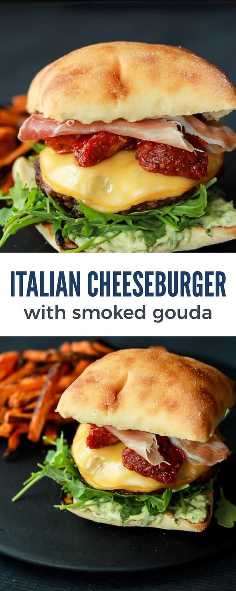 Smoked Gouda Burger, Italian Cheeseburgers, Unique Burger Ideas, Arugula Burger, Ciabatta Burger, Pesto Burger, Best Hamburger Recipe, Pesto Burgers, Fall Sandwiches