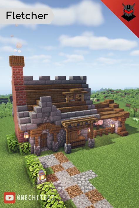 Minecraft Villager House Medieval, Minecraft Medieval Apartment, Fletchers House Minecraft, Minecraft Fletcher House Ideas, Minecraft Villager Fletcher House, Mincraft Idea Houses Midevil, Minecraft Midevil Houses How To Build, Minecraft Medieval Shop Ideas, Minecraft Medieval Butcher