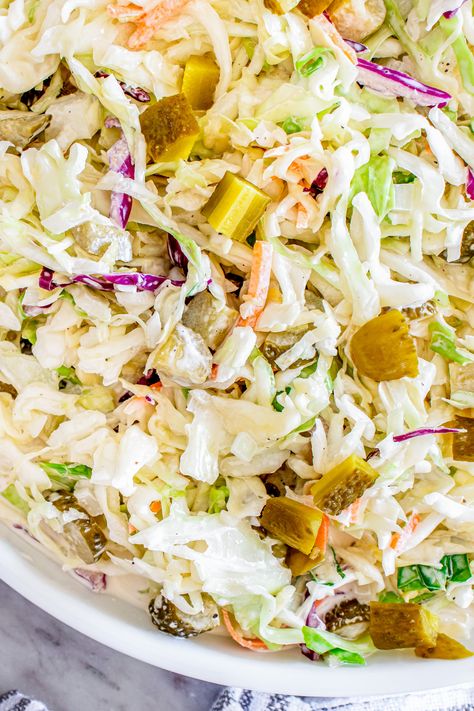 DILL PICKLE COLESLAW Pickle Juice Coleslaw, Dill Pickle Coleslaw, Pickle Coleslaw, Pickle Dressing, Fall Soup, Fall Soup Recipes, Easy Rice Recipes, Cole Slaw, Dill Pickles