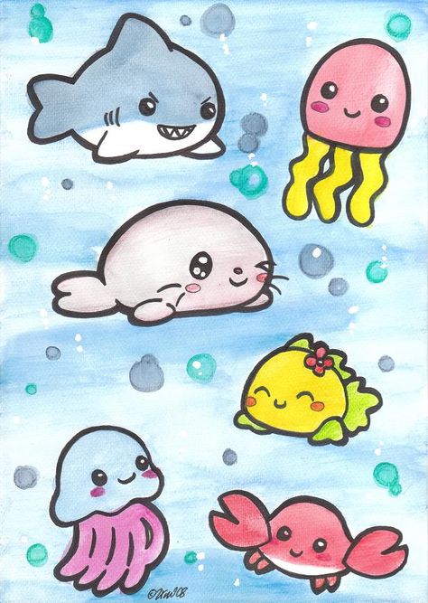 Sea Creatures Drawing, Ocean Drawing, Sea Drawing, Lazy Egg, Seahorse Art, Water Animals, Small Drawings, Creature Drawings, Kawaii Doodles