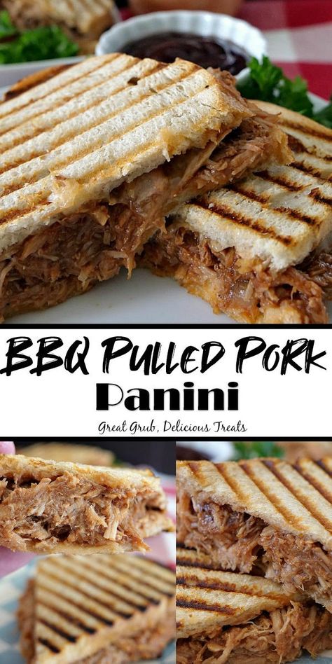 Collage with two halves of bbq pulled pork panini at top, closeup of bbq pulled pork panini half at lower left, and closeup of bbq pulled pork panini at lower right. Crock Pot Bbq Pulled Pork, Best Panini Recipes, Panini Press Recipes, Easy Pulled Pork Slow Cooker, Crockpot Pulled Pork Bbq, Crock Pot Bbq, Affordable Recipes, Panini Sandwich, Panini Recipes