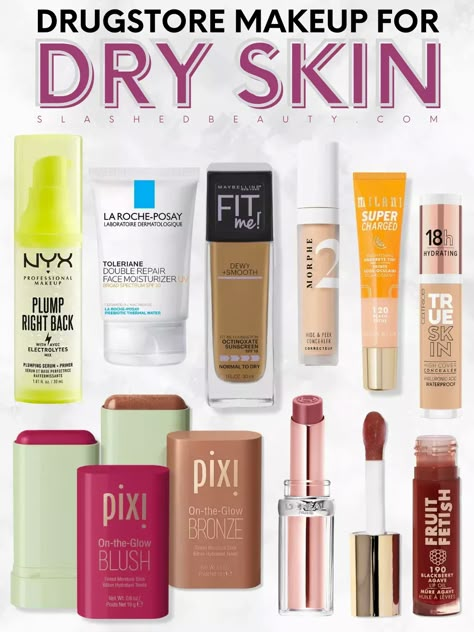 Try this drugstore makeup for dry skin this fall and winter for comfortable and smooth wear! | Slashed Beauty Best Drugstore Makeup For Dry Skin, Makeup On Dry Skin, Drugstore Makeup For Dry Skin, Drugstore Skincare Routine For Dry Skin, Best Drugstore Makeup 2024, Dry Skin Makeup Products, Makeup For Dry Skin Tips, Dry Skin Makeup Routine, Makeup Products For Dry Skin