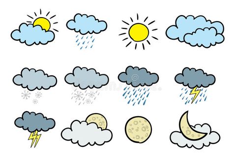 Cartoon Weather Icons. Stock Photos Weather Illustration, Types Of Weather, Weather Icons, Picture Cards, Stick Figures, English Lessons, Free Wallpaper, The English, Hd Wallpapers