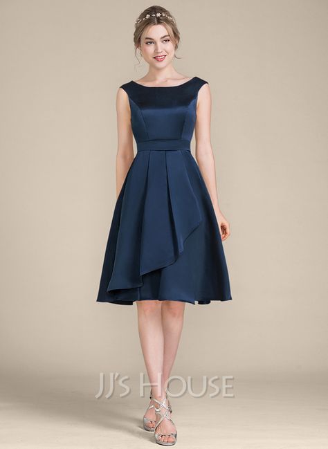 A-Line Scoop Neck Knee-Length Satin Bridesmaid Dress With Cascading Ruffles (007104719) - JJ's House Cascading Dress, Homecoming Dresses Knee Length, Princess Bridesmaid Dress, Satin Homecoming Dress, Sleeveless Bridesmaid Dresses, Bridesmaid Dresses Online, Dress Simple, Satin Bridesmaid Dresses, Scoop Neck Dress