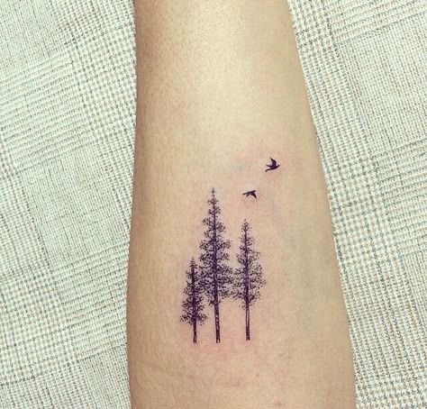 Forest Tattoos Minimalist, Simple Forest Tattoo Women, Minimalist Tree Tattoo, Fam Tattoo, Wilderness Tattoo, Pine Tattoo, Tree Tattoo Forearm, Tree Tattoo Arm, Wood Tattoo