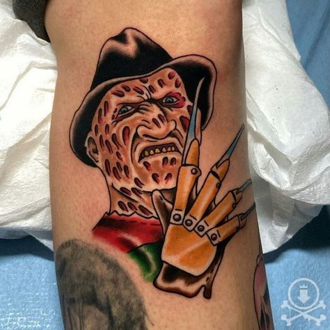 Awesome Freddy Krueger tattoo by David Carreras. #12ozstudios #team12oz #tattoo #tattoos #tattooed #tattooing #tattooism #tattooart #tattooartist #tattooer #tattooist #art #artstudio #tattooshop #tattoostudio #ink #inked #traditionaltattoos #horror #horrortattoos #freddykrueger #freddykruegertattoos #nightmareonelmstreet Freddy Krueger Tattoo, Pennywise Tattoo, Horror Movie Tattoos, Tattoos Traditional, Movie Tattoos, Horror Tattoo, Classic Tattoo, Cartoon Tattoos, Halloween Tattoos