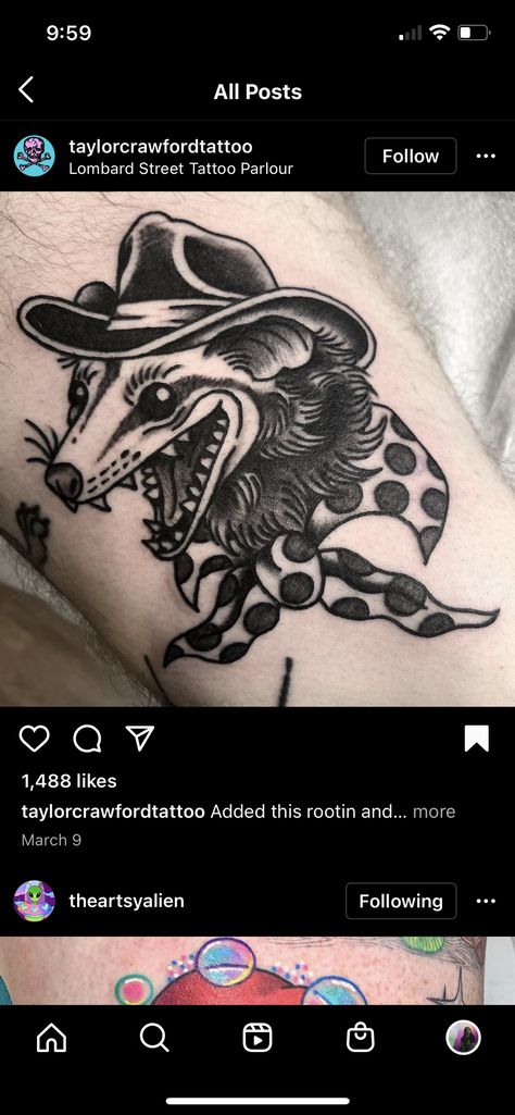 Traditional Opposum Tattoo, American Traditional Opossum Tattoo, Cowboy Possum Tattoo, Raccoon And Possum Tattoo, Possum Reference, Traditional Possum Tattoo, Hillbilly Tattoo, Possum Cowboy, Possum Tattoo