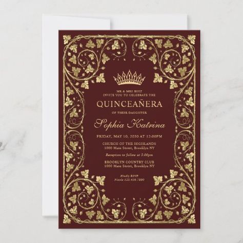 $2.80 | Vintage Burgundy Red Gold Modern Tiara Quinceanera #quinceañera, mis quince quinceanera, burgundy maroon red, faux gold glitter frame, 15th birthday xv anos, tiara crown, miss quince mexican, vintage classic, modern elegant, royal princess Burgundy Invitations, Quinceanera Invitation, 21st Birthday Invitations, Sweet Sixteen Invitations, Fun Invitations, 40th Birthday Invitations, Gold Tiara, Princess Tiara, Quinceanera Invitations