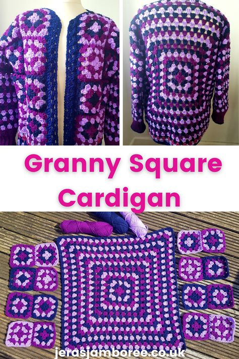 Montage of three photos 1) front view of a granny square cardigan crocheted in purples  2) back view of a granny square cardigan 3) granny square cardigan layout before assembly Square Cardigan Pattern, Granny Square Cardigan Pattern, Free Crochet Cardigan Patterns, Free Crochet Cardigan, Cardigan Free Pattern, Granny Square Cardigan, Crochet Jacket Pattern, Square Cardigan, Granny Stitch