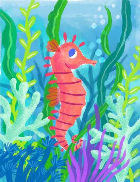 Illustration Sea Animals, Seahorse Illustration Cute, Cute Mermaid Illustration, Rio Painting, Sea Horse Painting, Mermaid Illustration Art, Sea Horse Illustration, Sea Horse Drawing, Sea Horse Art