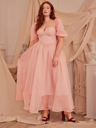 Dress For Chubby, Plus Size Fashion Dresses, Pink Party Dresses, Pink Wedding Dresses, Puff Dress, Prom Ball Gown, Organza Dress, Shein Dress, Plus Size Prom Dresses