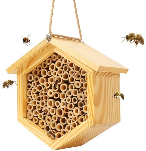 Amazon.com : Mason Bee House Native Bee Hive Hexagon Bee House Natural Handmade Wooden Mason Bee Box Habitat Home Hotel with Bamboo Tubes - Attracts Peaceful Bee Pollinators to Enhance Your Garden's Productivity : Patio, Lawn & Garden Bee Attracting Flowers, Mason Bee House, Bee Houses, Bee Hotel, Mason Bees, Insect Hotel, Carpenter Bee, Bee Boxes, Bee Keeping Supplies