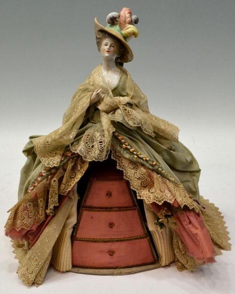 Lot:115: UNUSUAL CHINA HEAD DOLL LACE GOWN JEWELRY BOX, Lot Number:115, Starting Bid:$50, Auctioneer:Austin Auction Gallery, Auction:115: UNUSUAL CHINA HEAD DOLL LACE GOWN JEWELRY BOX, Date:07:00 AM PT - Feb 19th, 2012 Doll Pincushion, China Vase, China Head Doll, Half Dolls, Pin Doll, Doll Jewelry, Old Dolls, Assemblage Art, Sewing Box