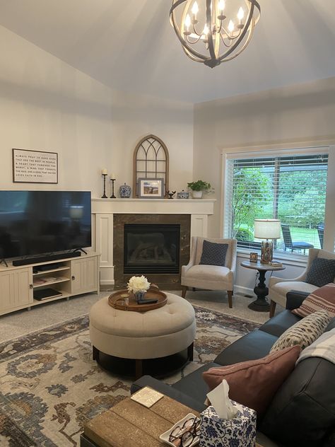 Corner Chimney Living Room, Family Room With Corner Fireplace, Corner Fireplace Layout, Room With Corner Fireplace, Long Living Room Layout, Corner Fireplace Decor, Corner Fireplace Living Room, Transitional Family Room, Corner Gas Fireplace