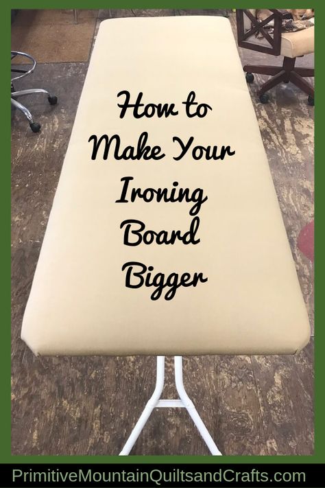 I need a bigger ironing board, how about you? Let me show you how to make yours bigger!I tend to use mine for a storage surface Quilters Ironing Board, Diy Ironing Board, Sewing Room Inspiration, Sewing Room Storage, Sewing Room Design, Sewing Room Organization, Quilting Room, My Sewing Room, Sewing Organization