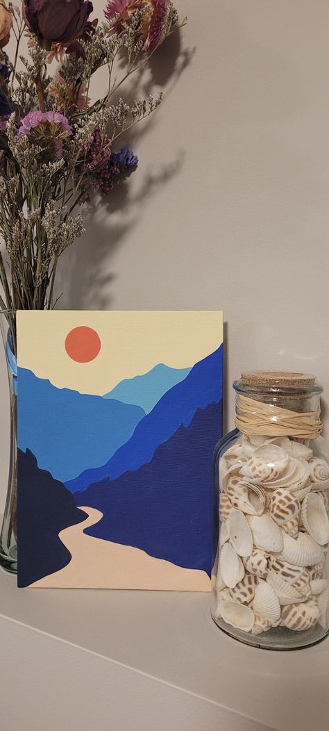 Simple Painting Ideas Mountains, Boho Desert Painting, How To Paint Mountains Step By Step, Small Mountain Painting, Things To Draw With Acrylic Paint, Mountain Easy Painting, Easy Paintings For Guys, Mountain Road Painting, Mountain Paintings Easy