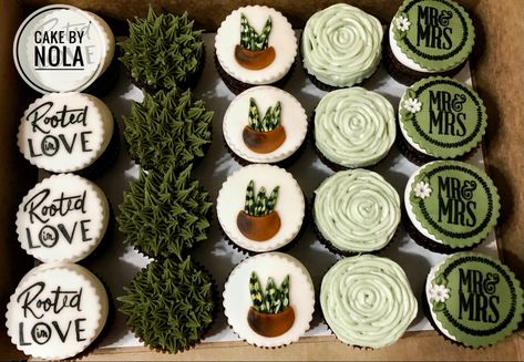 Cupcakes for a Rooted in Love themed bridal shower. My favorite topper has to be the center one. That is a plant commonly referred to as Mother-in- Law’s Tongue. I thought that was perfect for a bridal shower😉 #cupcakes #cupcakesofig #cupcakesofinstagram #instacupcakes #cupcakestagram #fondantcupcakes #buttercreamcupcakes #handpaintedfondant #rootedinlove #decoratedcupcakes Plant Themed Bridal Shower Decor, Rooted In Love Bridal Shower Theme, Nature Themed Bridal Shower Ideas, Bridal Shower Plant Theme, Bridal Shower Nature Theme, Plant Cupcakes, Succulent Bridal Shower Ideas, Plant Bridal Shower Theme, Plant Themed Bridal Shower Ideas