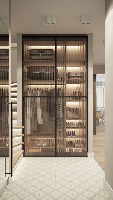 Wardrobe For Bags And Shoes, Dark Glass Wardrobe, Walk In Closet Mirror Ideas, Profile Glass Door Wardrobe, Industrial Wardrobe Design, Glass Wardrobe Design Bedroom, Fluted Glass Wardrobe, Bathroom Wardrobe Design, Wardrobe Glass Door