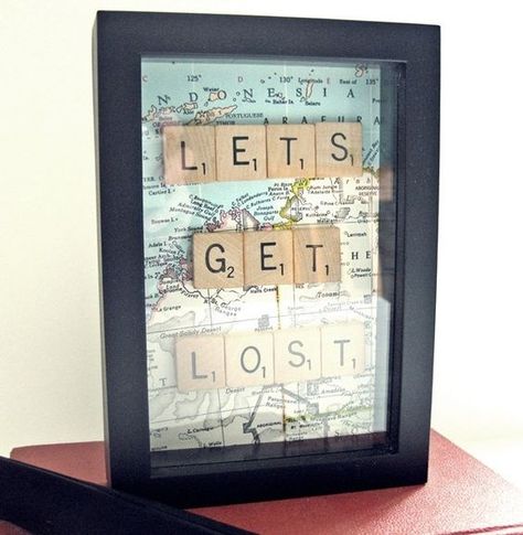 Vintage map & scrabble tiles make for a great travel decor idea! Hang near a souvenir from your favorite travel destination & complete the look with a couple of our travel-inspired accent pillows!  RoomCraft.com: Scrabble Tile Crafts, Scrabble Crafts, Romantic Wall Decor, Let's Get Lost, Scrabble Art, Map Crafts, Travel Crafts, Scrabble Letters, Tile Crafts