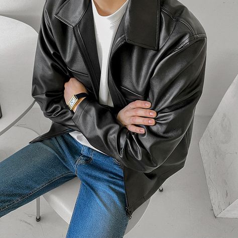 Japanese Street Fashion Men, Unique Fashion Outfits, Loose Jacket, Spring Outfits Men, 150 Lbs, 110 Lbs, Leather Jacket Outfits, Men's Leather Jacket, Cool Outfits For Men