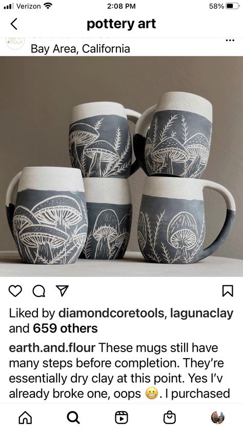 Sgraffito Mushroom Designs, Scraffito Designs Simple Flower, Sgraffito Ceramics Ideas, Mushroom Sgraffito, Sgraffito Mug, Pottery Carving Ideas, Scraffito Designs Simple, Sgraffito Ceramics, Sgraffito Designs