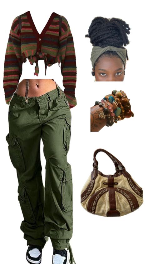 Cropped cardigan with green parachute pants and black Jordan’s with a cole hann tote bag. Earthy Baddie Aesthetic, Earth Girl Aesthetic Outfits, Earthy Streetwear, Plant Mom Aesthetic Outfit, Green Crop Top Outfit, Earthy Aesthetic Outfits, Indie Aesthetic Fashion, Earthy Fits, Green Parachute Pants