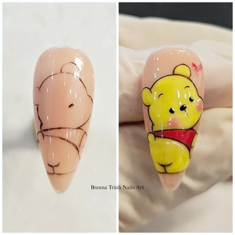 Cute Cute Cartoon Nail Art, Nail Cartoon Art, Cartoon Nails Art, Nail Chibi, Nail Art Cartoon Characters, Cartoon Art Nails, Cute Cartoon Nails, Pooh Nail Designs, Winnie Pooh Nails Art Designs