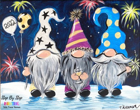 New Year Gnomes Acrylic Painting Tutorial - Step By Step Painting With Tracie Kiernan Firework Painting, Gnome Paint, Acrylic Tutorials, Christmas Canvas Art, Palm Trees Painting, Rainbow Painting, Paint Nite, Canvas Painting Tutorials, Learn How To Paint