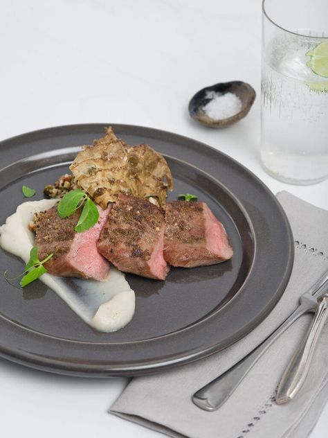 Lamb Backstrap, Jerusalem Artichoke Puree, Grain Salad and Artichoke Crisps - Miele Experience Centre Artichoke Puree, Lamb Backstrap, Recovery Food, Grain Salad, Vegetarian Options, Tempeh, Nutrition Advice, Buckwheat, Us Foods