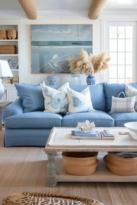 Hues of blues create a calming coastal living room escape. #coastal, #livingroom, #sofa, #coffeetable, #wallart Coastal Living Room Blue Couch, Coastal Blue Living Room, Blue Coastal Living Room, Small Coastal Living Room, Coastal Living Rooms Ideas, Blue Furniture Living Room, Coastal Cottage Living Room, Coastal Living Room Furniture, Coastal Bedroom Furniture