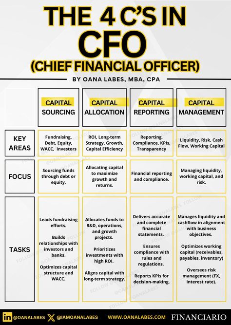 #FinanceMaster on LinkedIn: The 4 Cs in CFO (by Oana Labes, MBA, CPA)  The Chief Financial Officer… Brownie Business, Small Business Ideas Startups, Start Own Business, Financial Literacy Lessons, Mobile Cafe, Business Strategy Management, Accounting Basics, Brain Based Learning, Business Empire