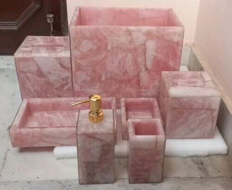 Rose Quartz bath set, Luxury bathroom Quartz Vanity set, Bathroom Accessories , Set for Home Decor Gifts by IndianCraftsHouse on Etsy Rose Quartz Bathroom, Agate Bathroom, Bathroom Natural, Quartz Bathroom, Stone Bathroom, Cotton Box, Bathroom Decor Sets, Marble Tray, Bathroom Top