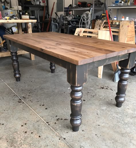 Black Walnut Farmhouse Table, Dark Walnut Stain Dining Table, Black Walnut Dining Table Farmhouse, Black Wooden Kitchen Table, Farmhouse Table Colors Stains, Farmhouse Table Black Legs Wood Top, Chocolate Brown Kitchen Table, Black Table With Wood Top, Black And Stained Table