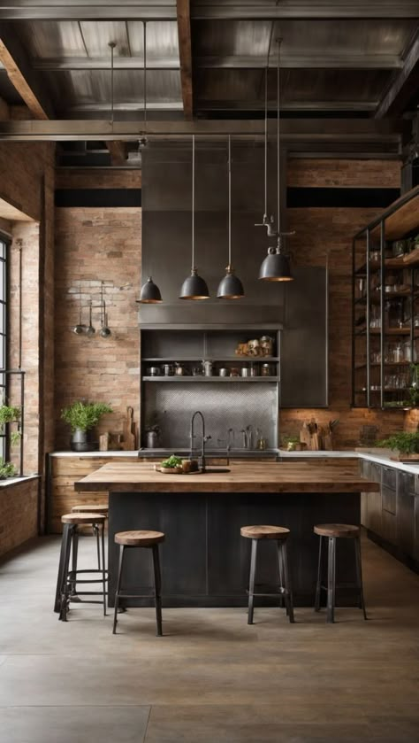 Neo Industrial Kitchen, Scandinavian Industrial Kitchen, Minimalist Industrial Interior Design, Industrial Design Kitchen, Industrial Interior Kitchen, Industrial Style Interior Design, Loft House Design, Industrial Kitchen Design, Fancy Kitchens