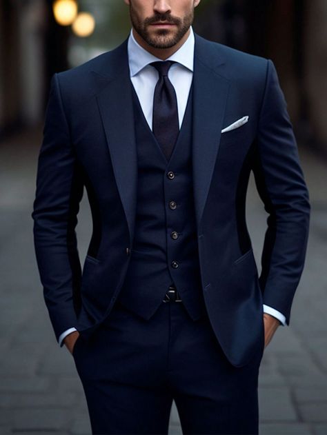 Navy Blue Suit For Groom, Navy Blue Suits For Men Wedding, Navy Blue Suit Men Wedding, Groom Blue Suit Wedding, Blue Suits For Men Wedding, Men’s Wedding Outfit, Dark Blue Suit Men, Navy Fitted Suit, Navy Suit Outfit Men