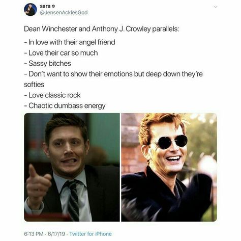 Dean=Anthony The Maxx, Good Omens Book, Ineffable Husbands, Supernatural Destiel, Supernatural Memes, Fandom Crossover, Supernatural Funny, Odaiba, Good Omens