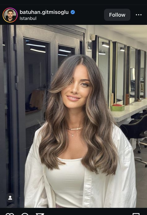 Light Brown Ashy Balayage, Balayage On Mousy Brown Hair, Ash Blonde On Brunette Hair, Olive Skin Green Eyes Hair Color, Neutral Ash Brown Hair, Bronde Haircolor Ash, Creamy Brunette Balayage, Vanilla Chai Highlights, Brunette Hair On Pale Skin