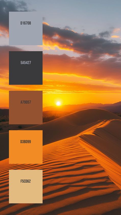 Colors: D16708 ° 5A5427 ° A79057 ° D3BD99 ° F5CD62 Desert Sunset, Golden Glow, Desert Landscape, Orange And Yellow, Sky And Clouds, Light And Shadow, Color Palette, The Sun, Sun