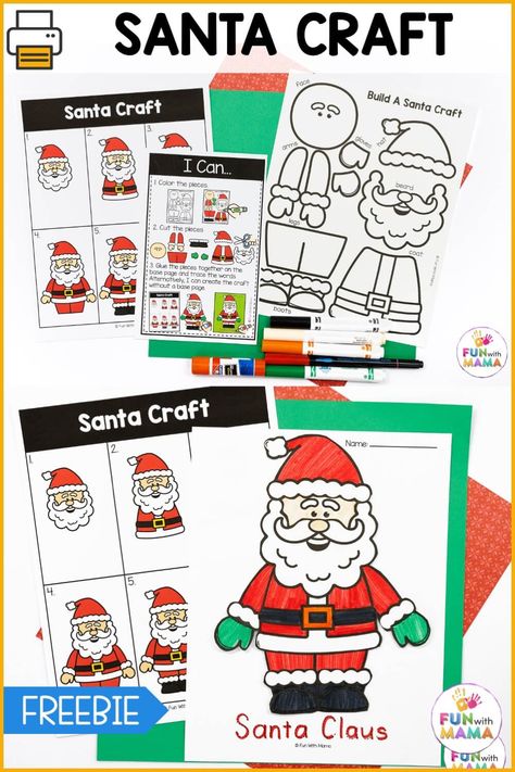 Download this free Santa craft template for an easy craft activity kids will love. Assemble your own Santa with only 10 pieces! Build A Santa, Santa Claus Crafts, Santa Craft, Preschool Supplies, Craft Recipes, Santa Template, Santa Crafts, Fine Motor Skills Activities, Handprint Craft