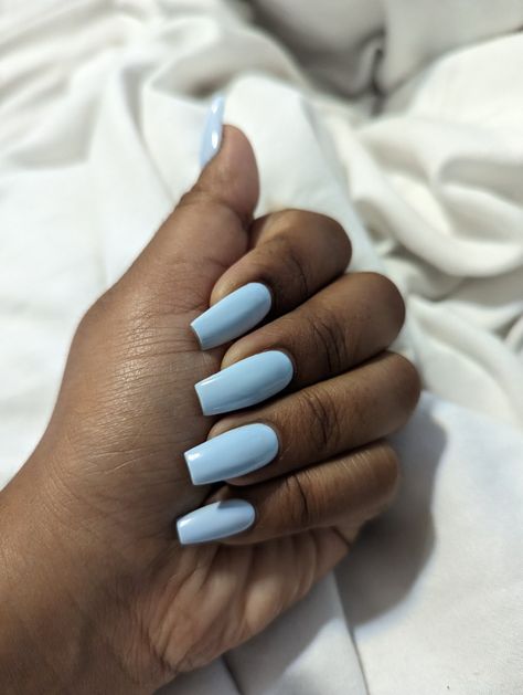 Hand showing blue coffin nails facing forward Mid Blue Nails, Slight Coffin Shape Nails, Light Blue Acrylic Nails Coffin Medium, Blue French Tip Nails Coffin Medium, Light Blue Coffin, Shape Nails, Coffin Shape, Coffin Shape Nails, Mid Size