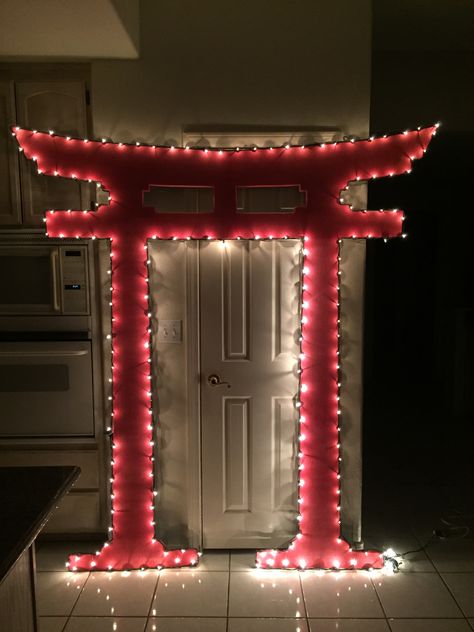 Magalie Sarnataro's . Japanese gate 7ft : foam board cutout, red paint outlined with lights  Space fillers for bleachers Asian themed party Japanese Photo Booth Ideas, Chinese Door Decoration, Vietnam Theme Party, Japanese Birthday Decorations, Asian Party Decorations Diy, Japanese Party Decorations Diy, Asian Inspired Party Decorations, Japan Themed Party Decorations, Japanese Party Decor