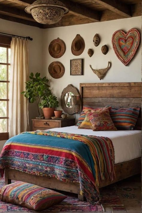 Southwest Farmhouse, Mexican Bedroom, Boho Chic Bedroom Decor, Mexican Interior Design, Spanish Home Decor, Chic Bedroom Decor, Mexican Home Decor, Bohemian Bedroom Decor, Dream House Decor